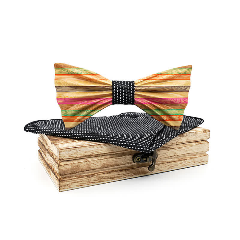 2Pcs Men's Rainbow Wrinkle Wooden Bow Tie Set