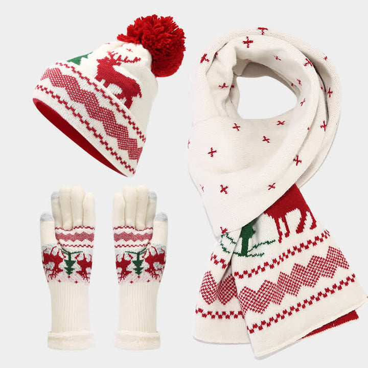 3Pcs Women's Reindeer Tree Jacquard Hat Scarf Gloves Set