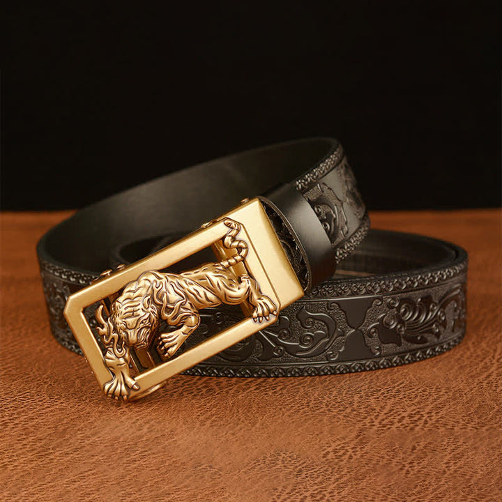 Men's Tiger Buckle Floral Embossed Leather Belt