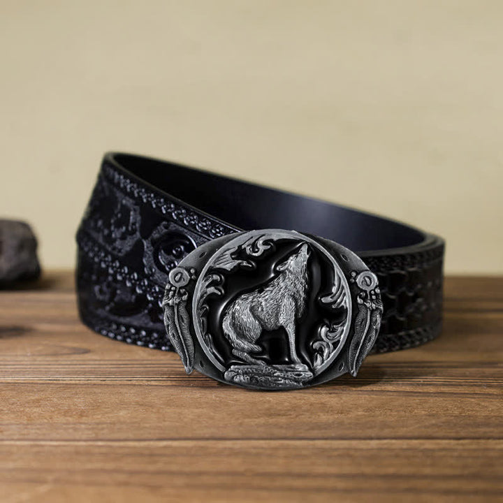 Men's DIY Enamel Domineering Howling Wolf Buckle Leather Belt