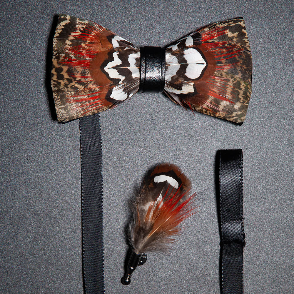 Kid's Brown & Red Feather Bow Tie with Lapel Pin