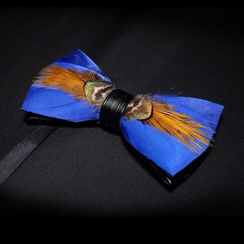 Gold & Blue Sunny Feather Bow Tie with Lapel Pin