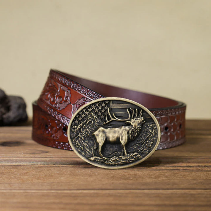 Men's DIY Elk Deer American Flag Buckle Leather Belt