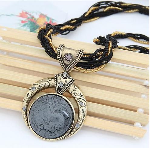 Bohemian Vintage Handmade Beaded Round Stone Necklace - Black - image 5