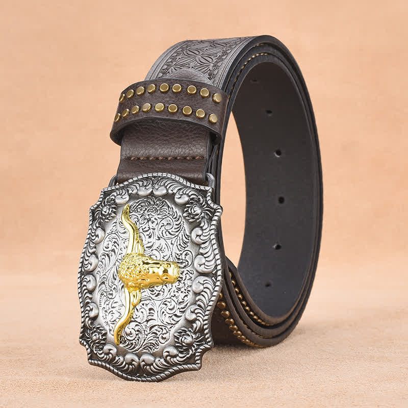 Men's Punk Rivet Gold Longhorn Bull Leather Belt