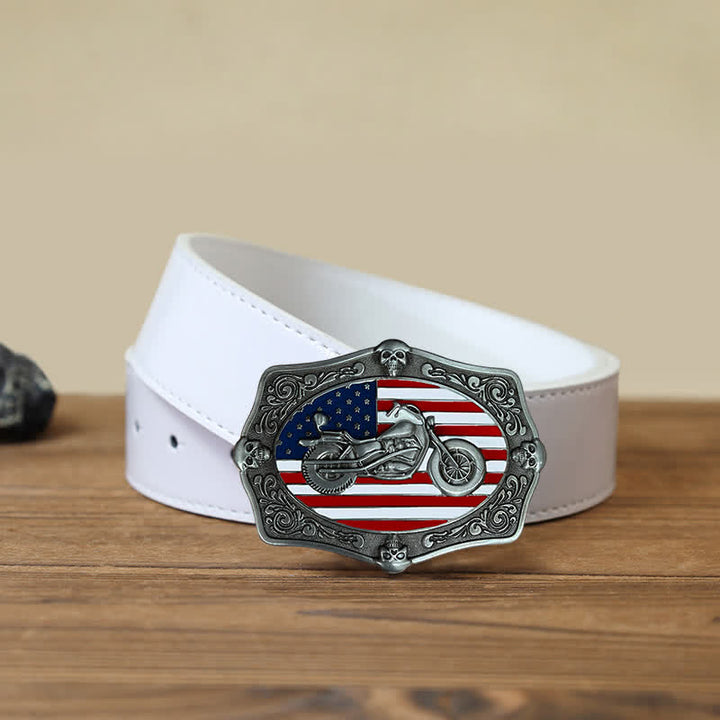 Men's DIY Motorcycle USA Flag Skull Buckle Leather Belt