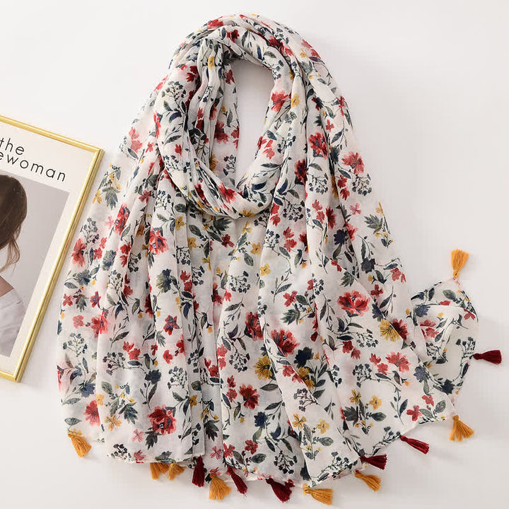 Women's Thin Lovely Butterfly Floral Tassel Scarf