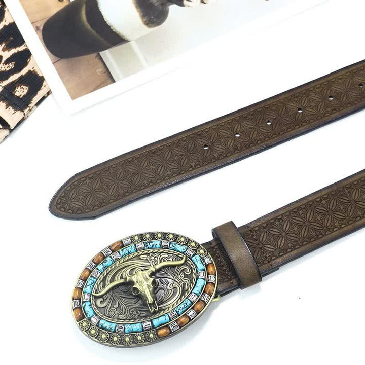 Men's Western Cowboy Turquoise Bull Leather Belt