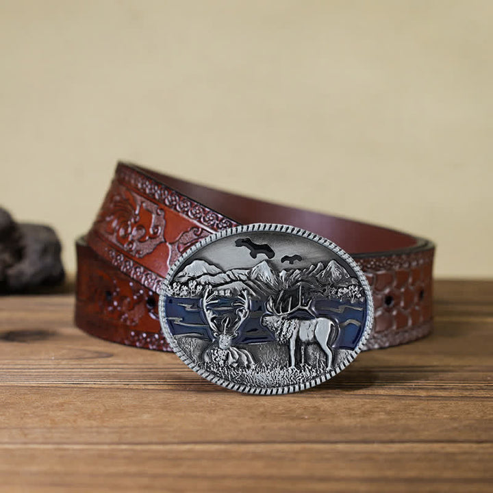 Men's DIY Enamel Wild Life Deer Buckle Leather Belt