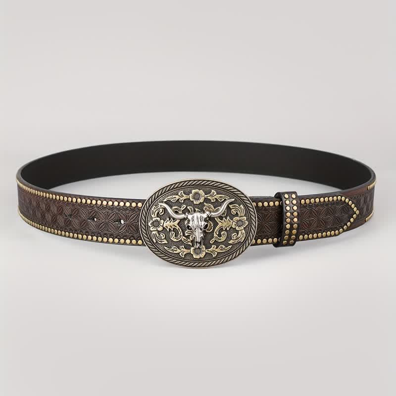 Men's Dark Brown Bull Head Embossed Leather Belt