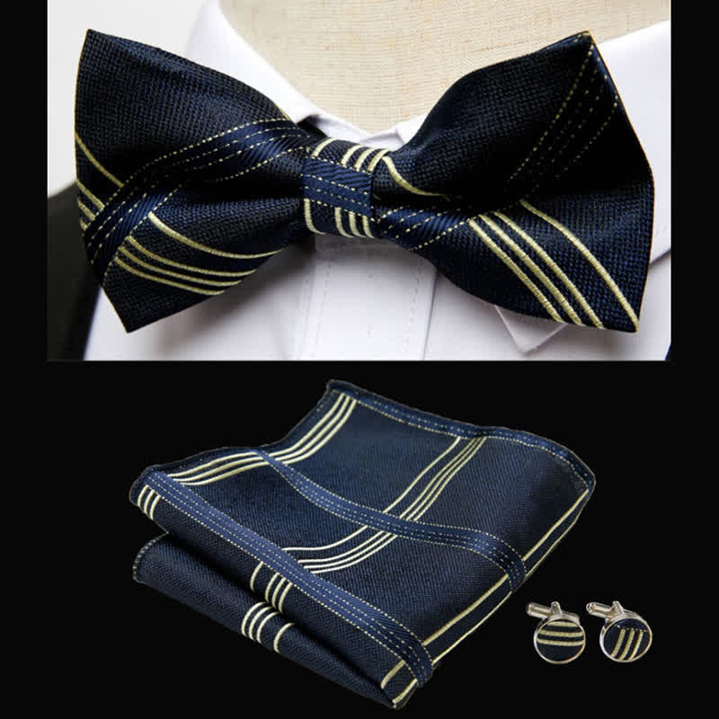 3Pcs Men's Classic Striped Bow Tie Pocket Square Set - Black & Yellow - image 2
