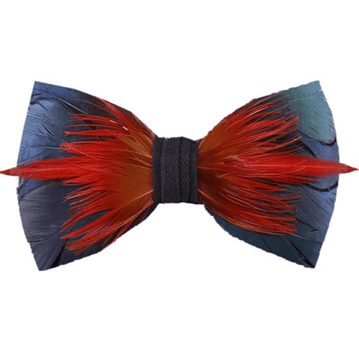 Hot Red & SteelBlue Feather Bow Tie with Lapel Pin