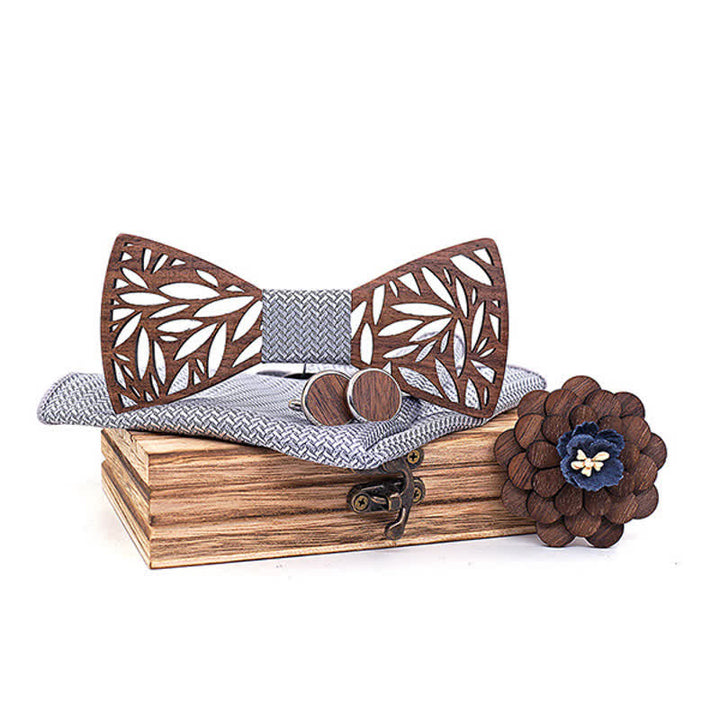 4pcs Men's Hollow Leaf Wooden Bow Tie Set