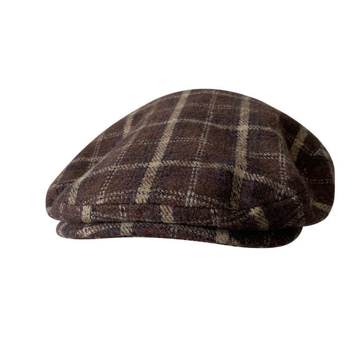 Tweed Herringbone Plaid Beret Flat Cap - Coffee-Burgundy - L (23 1/4"-23 5/8") - image 9