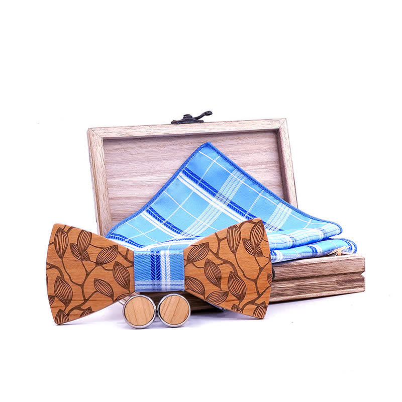 3Pcs Men's Leaf Patterned Wooden Bow Tie Set