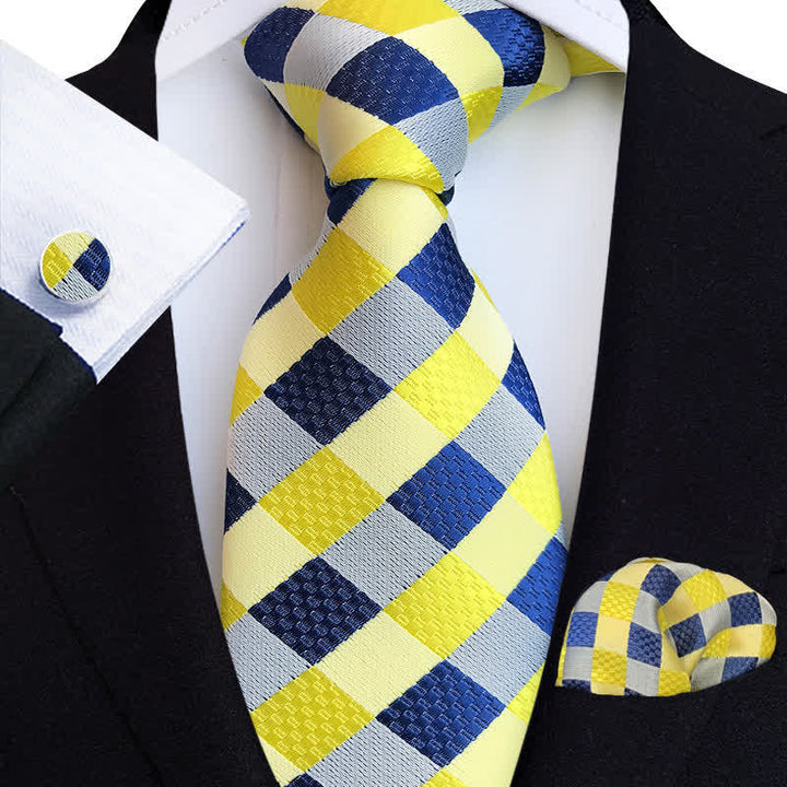 3Pcs Men's Bright Color Plaid Necktie Set - Yellow & Navy - image 0