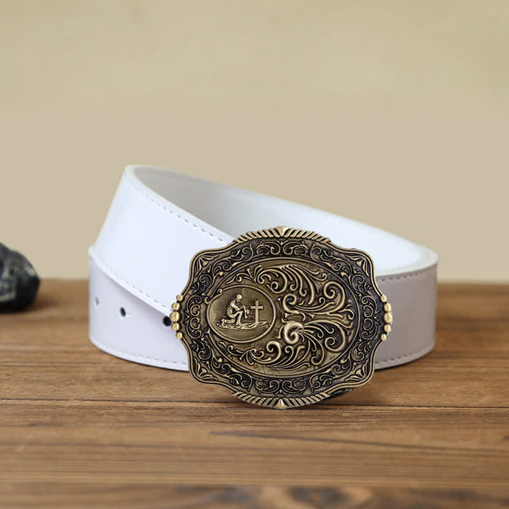 Men's DIY Engraved Floral Earnest Prayer Buckle Leather Belt