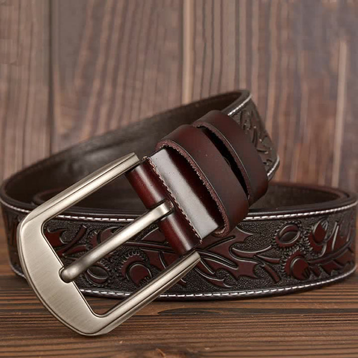 Men's Floral Embossed Pattern Leather Belt