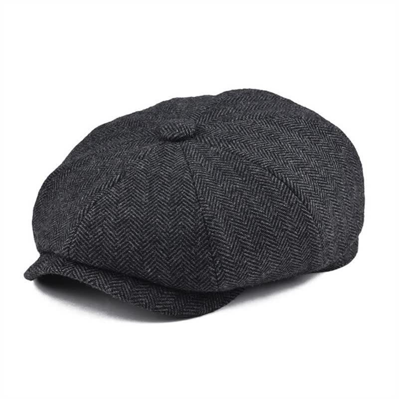 Classic Herringbone Tweed Octagonal Beret Cap - Black - M (22"-22 7/8") - image 0