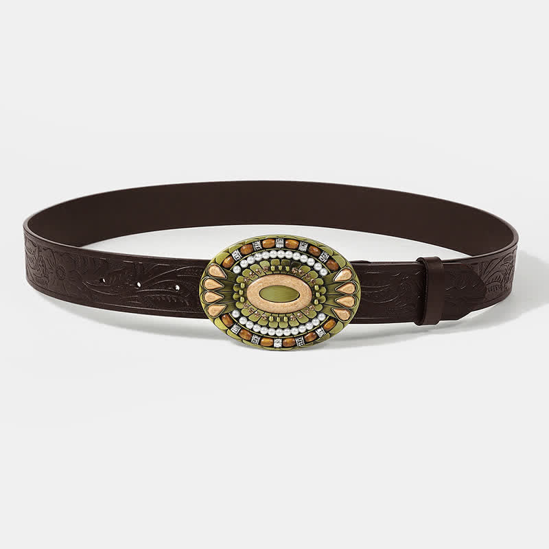 Men's Ethnic Rhinestone Faux Pearl Decor Leather Belt