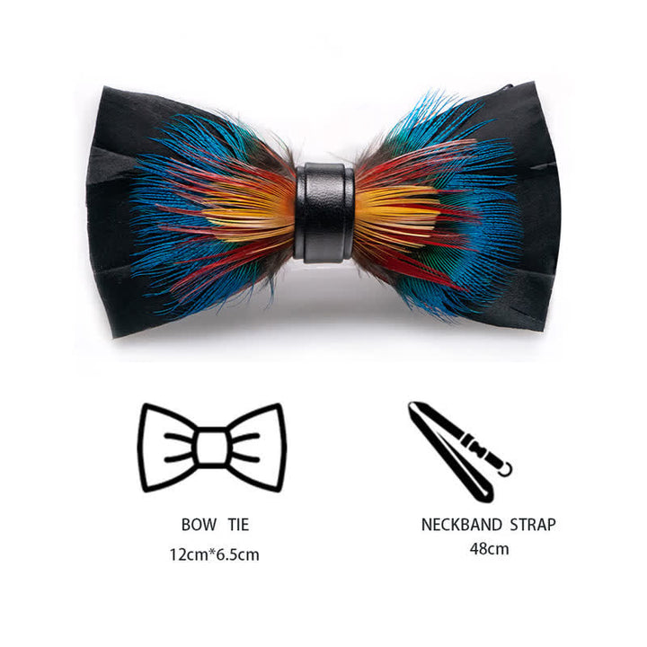 Black & Multicolored Blossom Feather Bow Tie with Lapel Pin