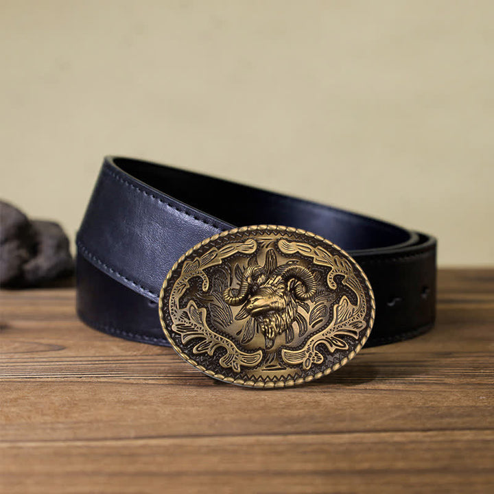 Men's DIY Bronze Wild Goat Head Buckle Leather Belt