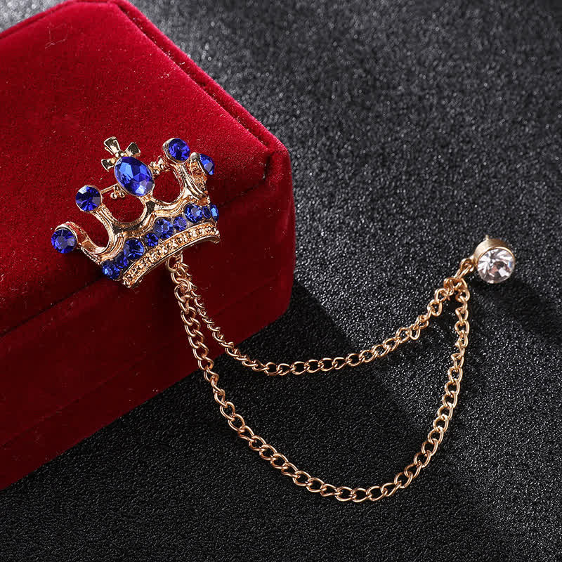 Men's Retro Crown Chain Rhinestones Brooch - Gold & Blue - image 5
