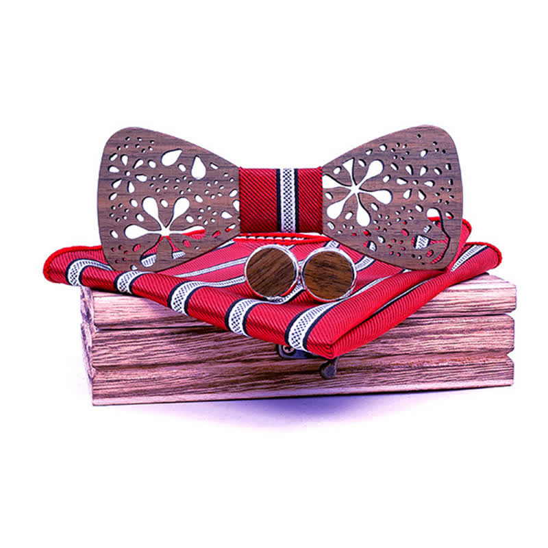 3Pcs Men's Hollow Fireworks Wooden Bow Tie Set