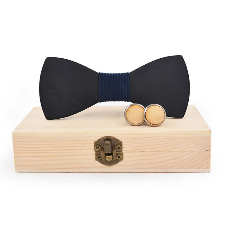 2Pcs Men's Black Wooden Bow Tie Cufflinks Set