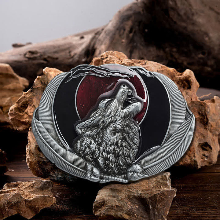 Men's DIY Howling Wolf Moon Oval Buckle Leather Belt