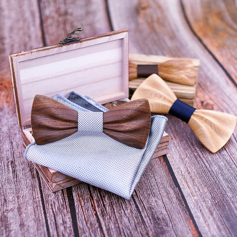 3Pcs Men's Hand Carved Crease Wooden Bow Tie Set