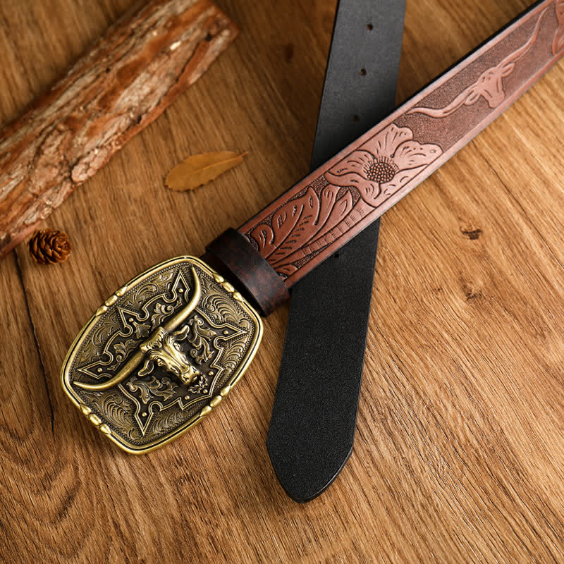 Men's Western Style Cow Head Printed Leather Belt