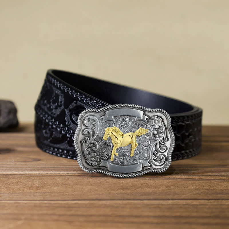 Men's DIY Gold Carving Animal Buckle Leather Belt - Horse - Black Carved Belt (40) - image 6