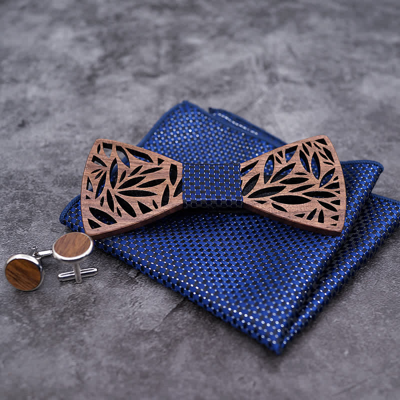 4pcs Men's Hollow Leaf Wooden Bow Tie Set