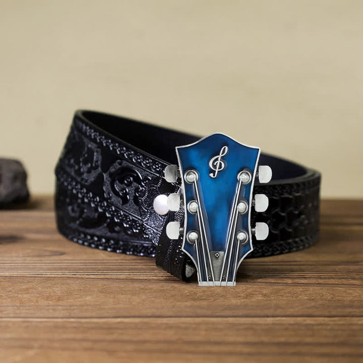 Men's DIY Musical Guitar Headstock Buckle Leather Belt