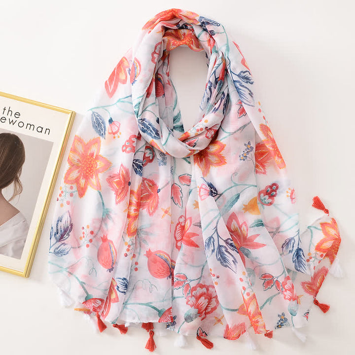 Women's Thin Lovely Butterfly Floral Tassel Scarf