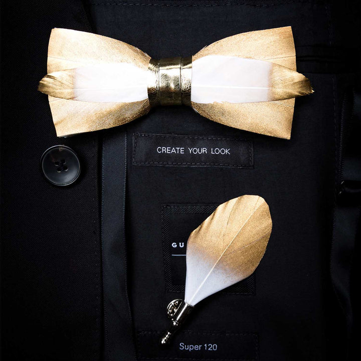 Gold & White Butterscotch Feather Bow Tie with Lapel Pin