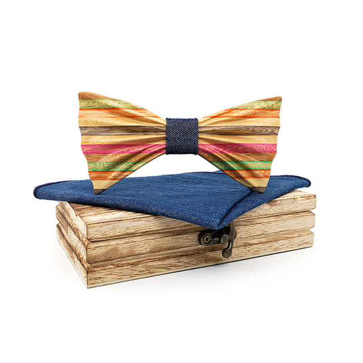 2Pcs Men's Rainbow Wrinkle Wooden Bow Tie Set