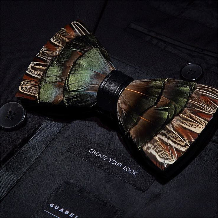 Kid's Brown & Green Forest Retro Feather Bow Tie with Lapel Pin