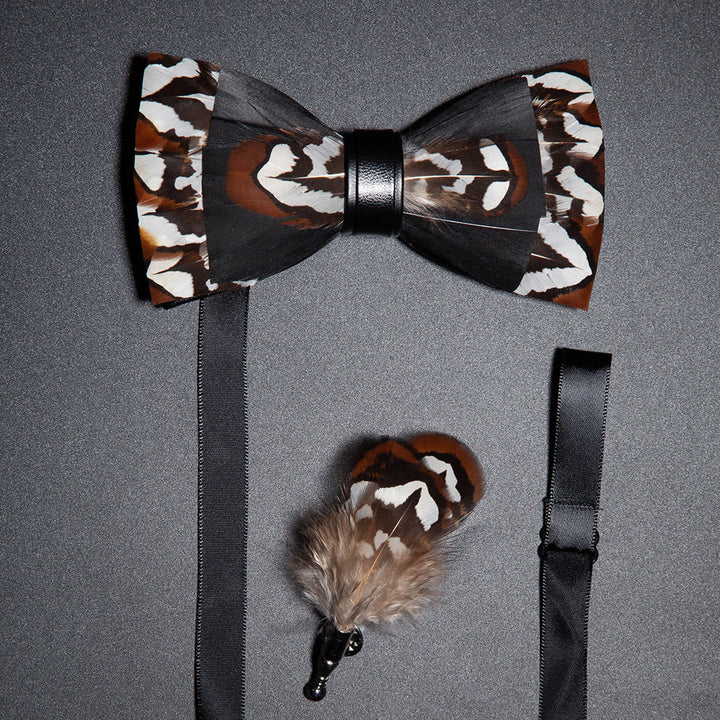 Black & Brown Gentle Feather Bow Tie with Lapel Pin