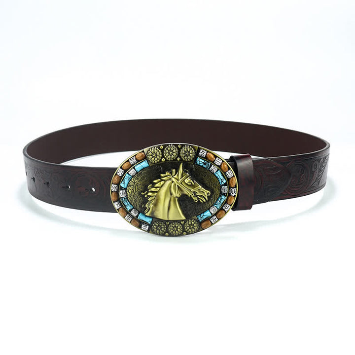 Men's Cowboy Horse Head Turquoise Leather Belt