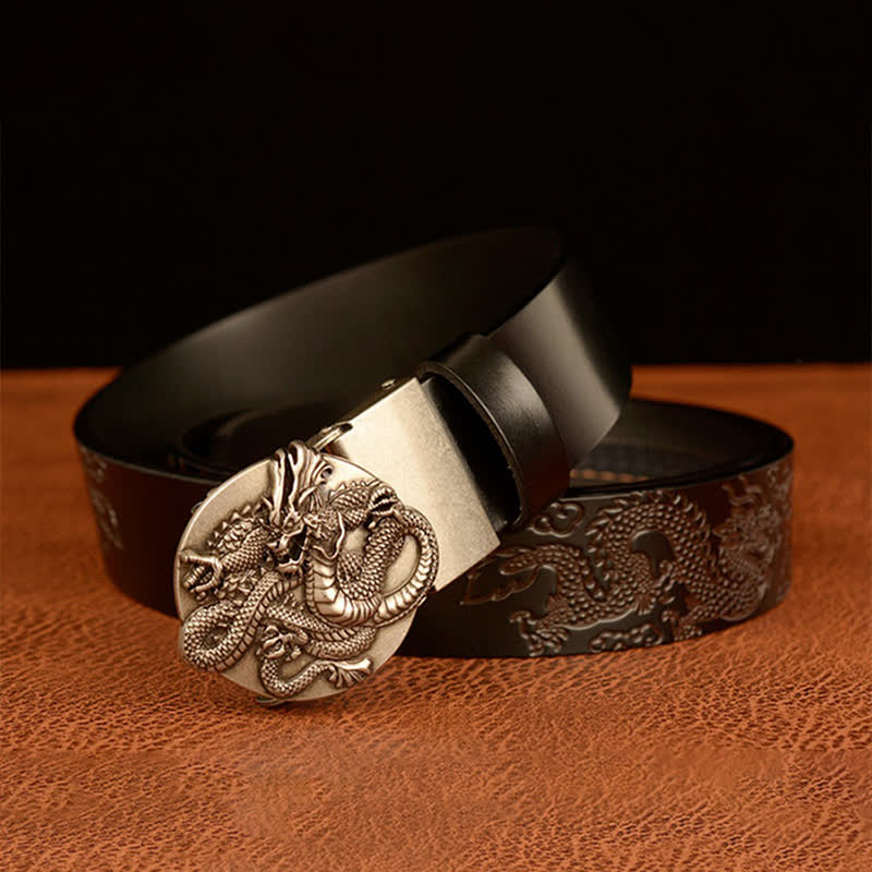 Men's Flame Dragon Round Automatic Buckle Leather Belt