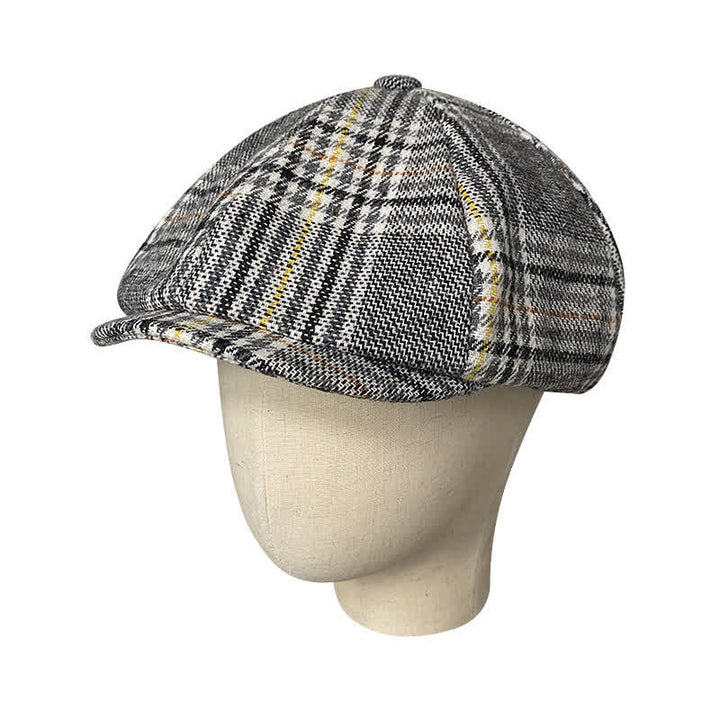 Gray Plaid Yellow Stripes Newsboy Beret Cap