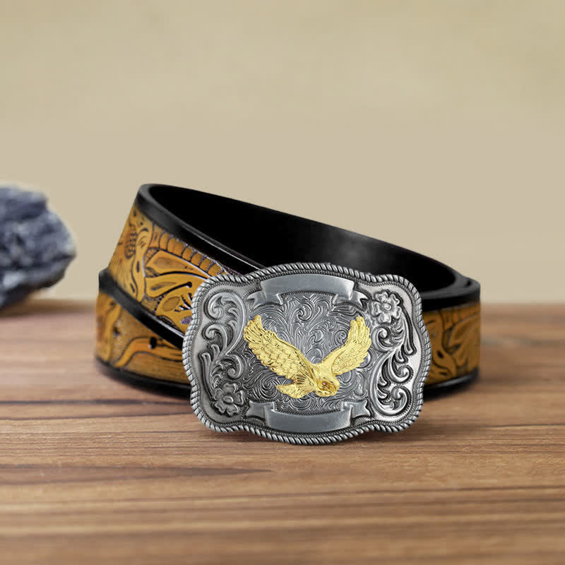 Men's DIY Gold Carving Animal Buckle Leather Belt - Eagle - SandyBrown Belt (40) - image 17