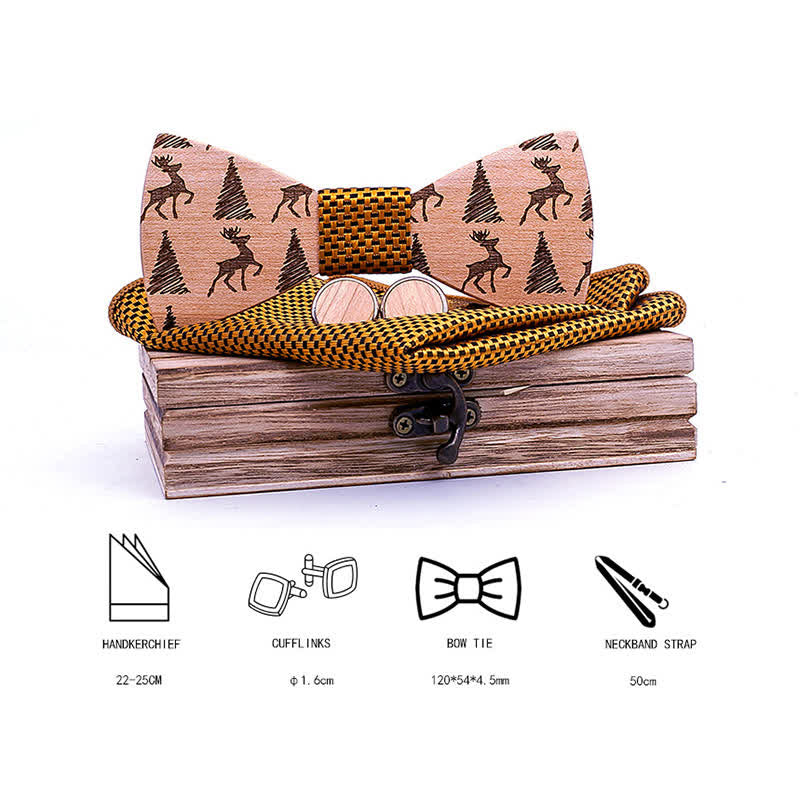 3Pcs Men's Christmas Tree Deer Pattern Wooden Bow Tie Set