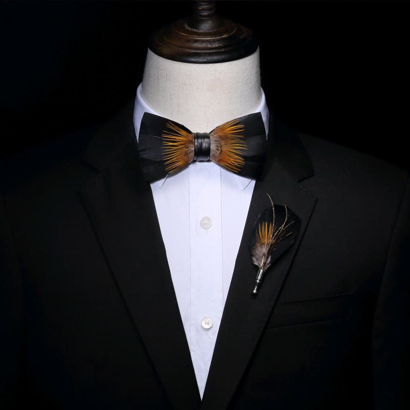 Orange & Black Sunflower Feather Bow Tie with Lapel Pin - image 2