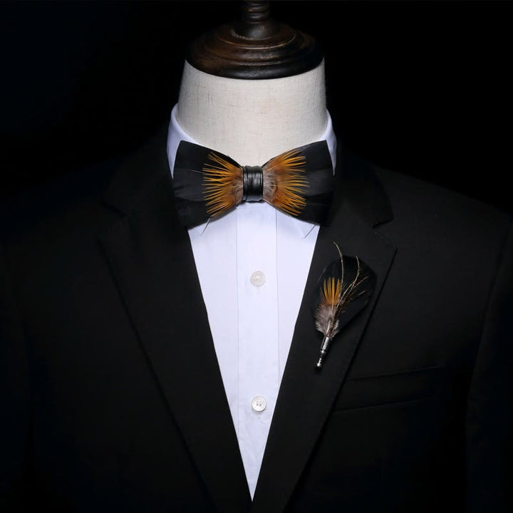 Orange & Black Sunflower Feather Bow Tie with Lapel Pin - image 2