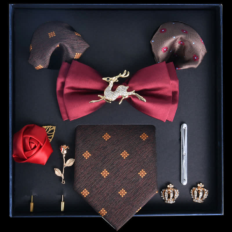 8Pcs Red&SaddleBrown Luxury Noble Print Bow Ties Gift Box - Red&SaddleBrown - image 0