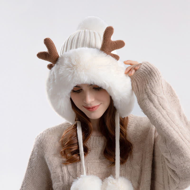 Women's Cute Deer Horn Pompom Knitted Hat