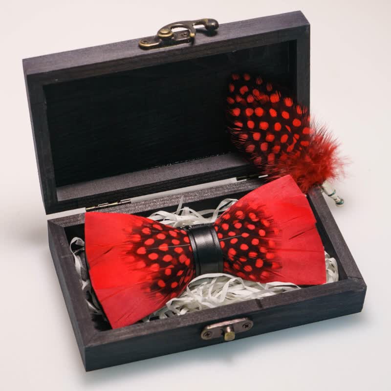 Red & Black Finch Feather Bow Tie with Lapel Pin